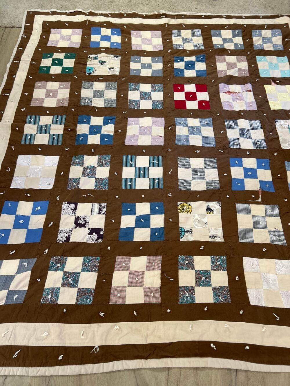 Vintage Handmade Hand-Tied Patchwork Quilt Brown Blue 72x83 Distressed